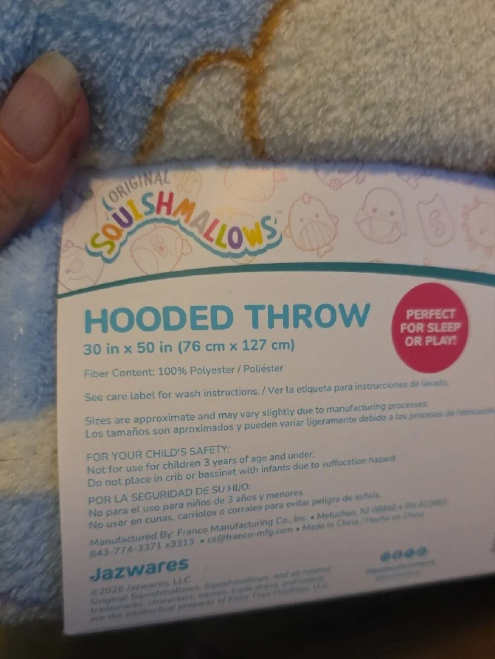 Squishmallows Hooded Throw - Blue, Cream & Pink Cat Design